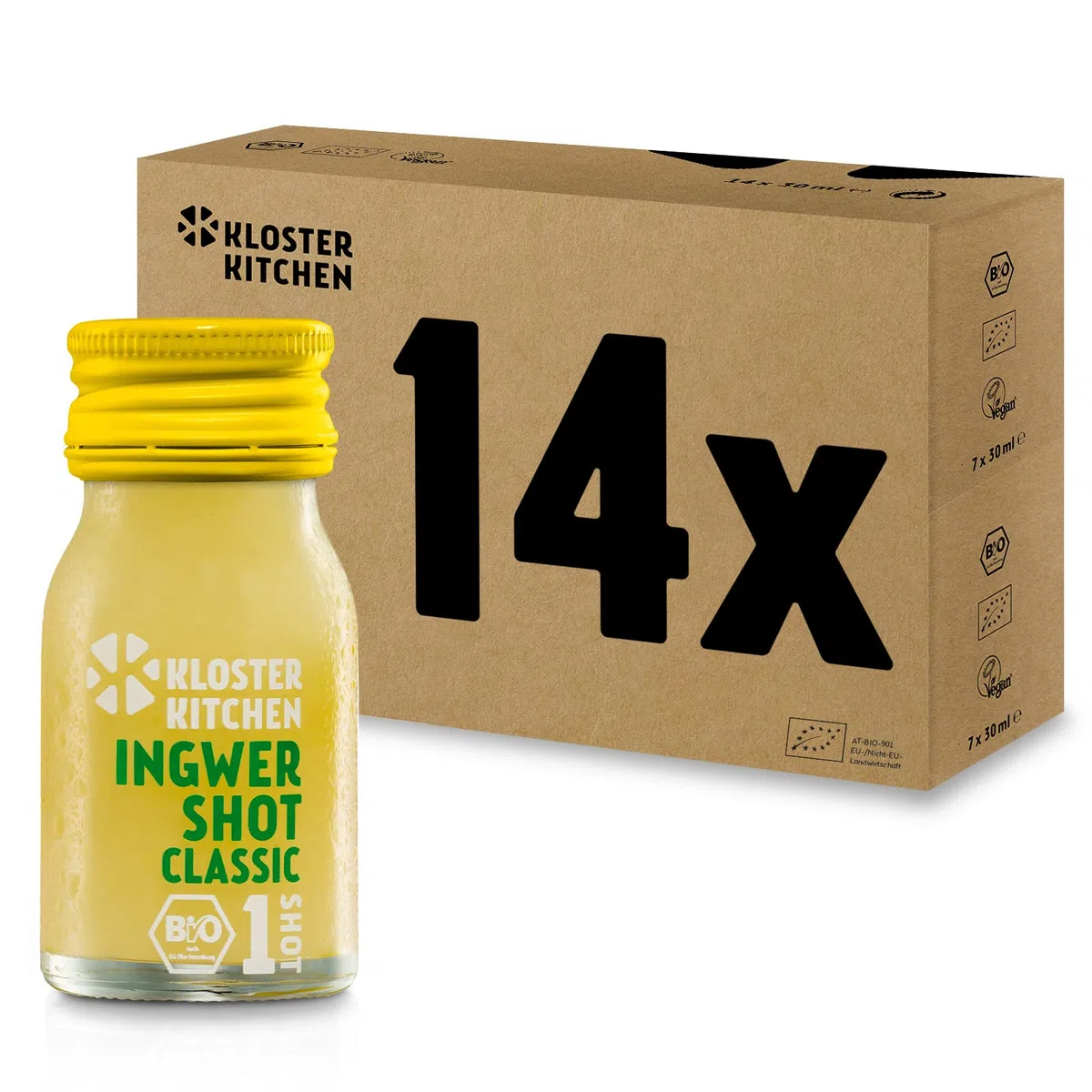 Kloster Kitchen Bio Zenzero Shot Classic 1SHOT 14 x 30 ml con veri pezzi di zenzero I germogli di zenzero vegano in bottiglia di vetro To Go I dolce e affilato senza additivi e con dolcezza naturale