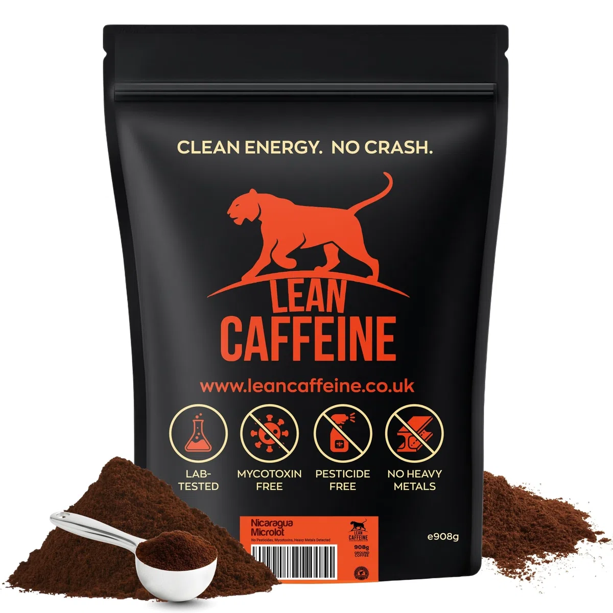 Lean Caffeine Caffè Macinato Nicaragua 908g | Bulletproof Coffee Super Pulito da Micotossine | Tostatura Scura, Caffè Keto a Basso Contenuto di Acido